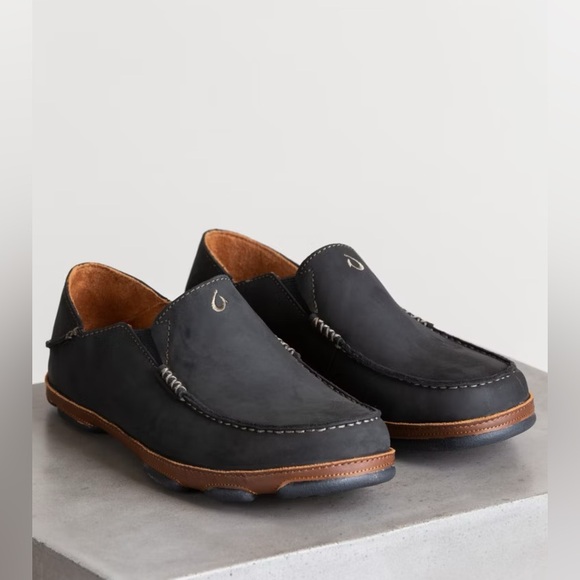 Men's OluKai Moloa Leather Loafers color BLACK/TOFFEE size 9.5 STYLE # 57452 - Picture 4 of 12